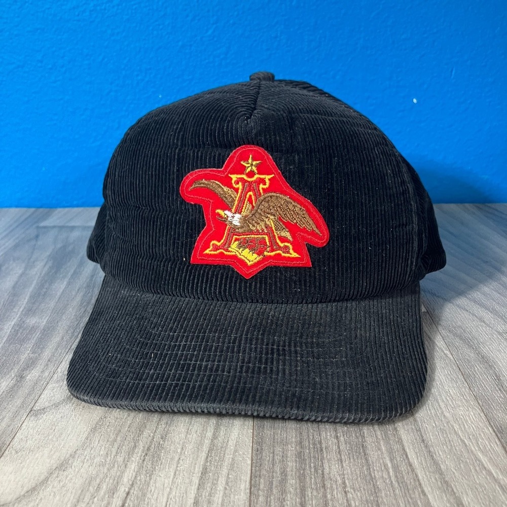 Vtg Anheuser-Busch Hat Vintage Corduroy Men's Adjustable Black Eagle Logo Cap